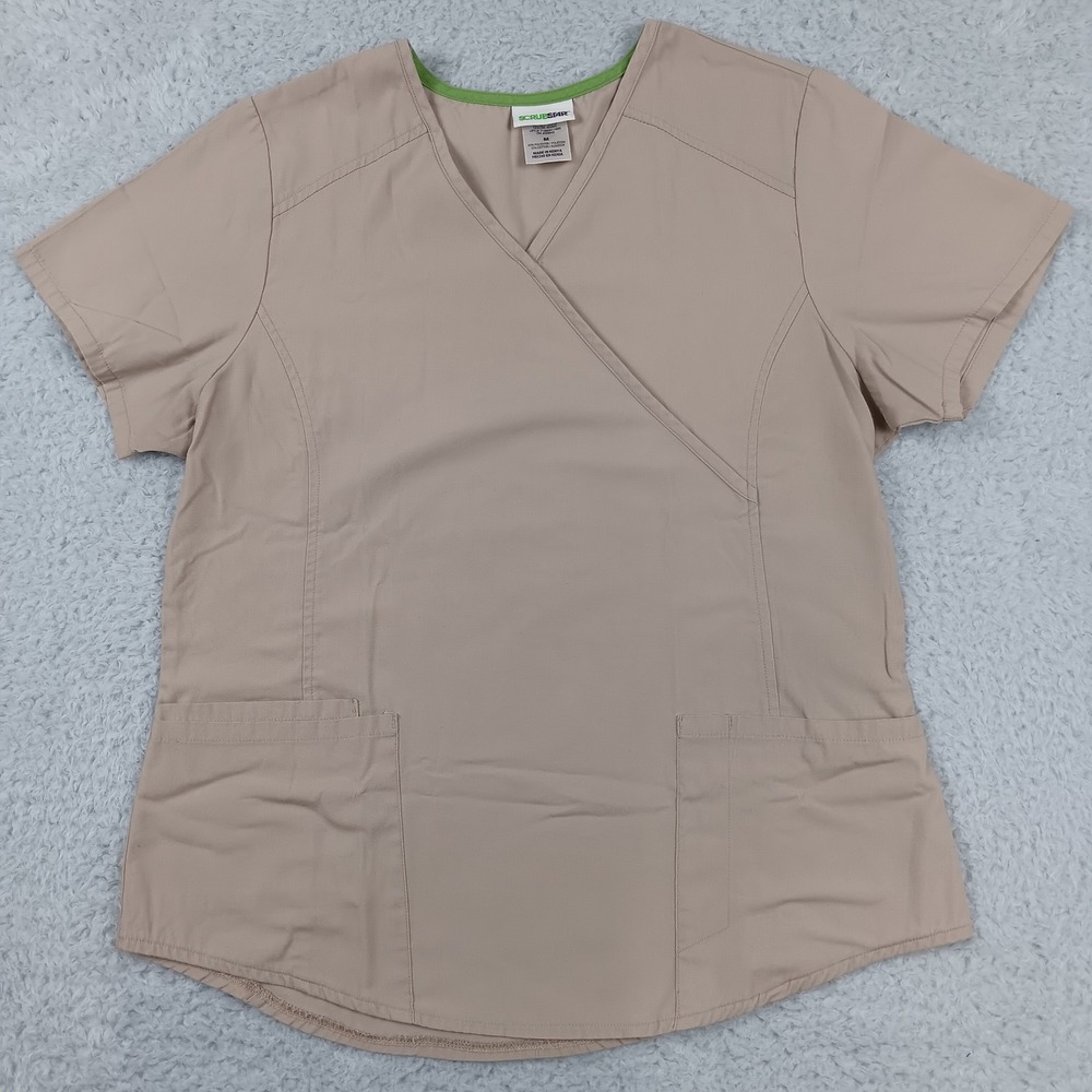 ScrubStar Scrub Top Womens Size M Khaki Mock Wrap V-Neck Short Sleeve 90003